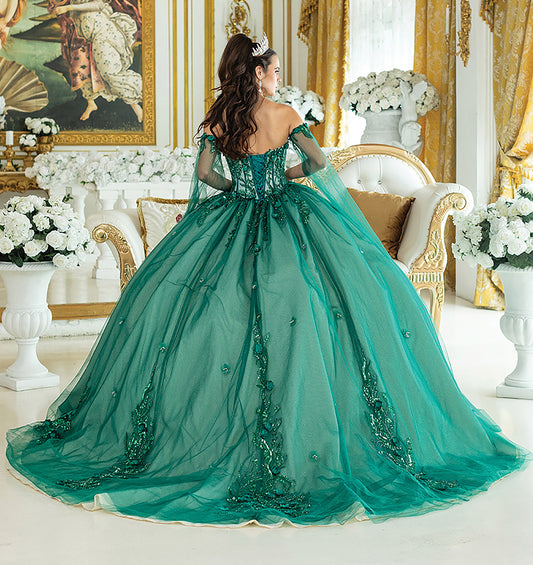 Quinceañera | Hunter Green Ball Gown with Off-the-Shoulder Sleeves and Sheer Cape Details | Selva dress back