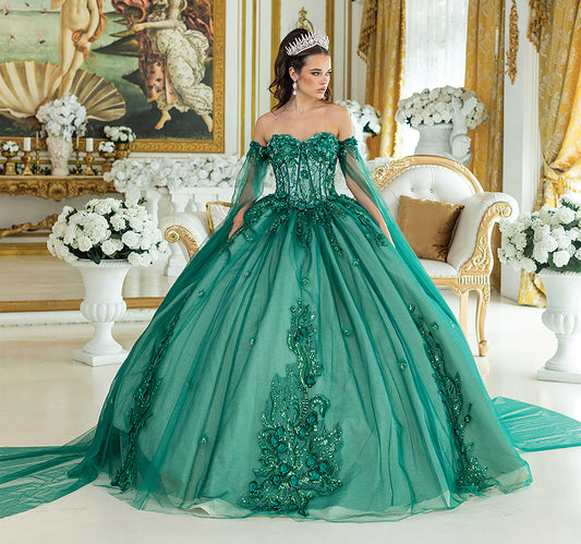 Quinceañera | Hunter Green Ball Gown with Off-the-Shoulder Sleeves and Sheer Cape Details | Selva dress front