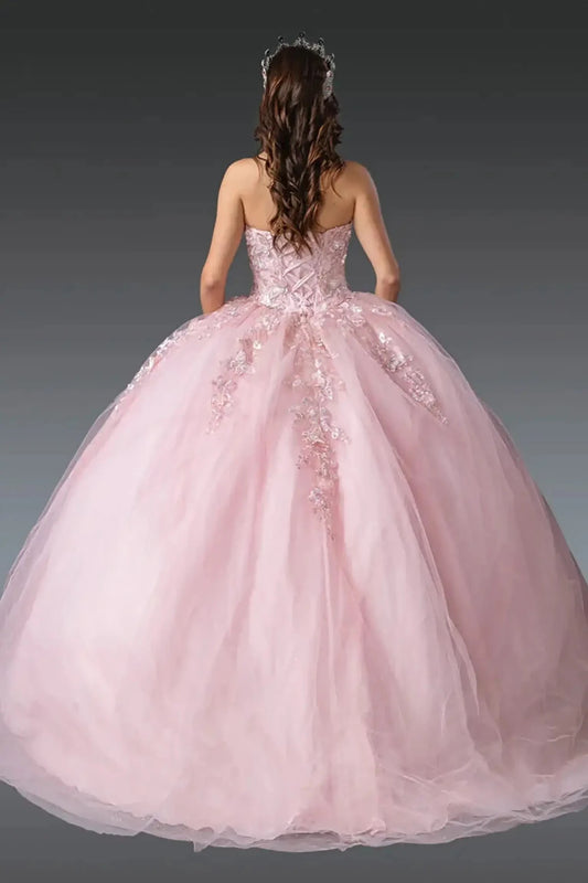 Back view: Blush pink quinceañera ball gown featuring lace-up corset back, floral appliqués, and voluminous tulle skirt flowing from the waist.