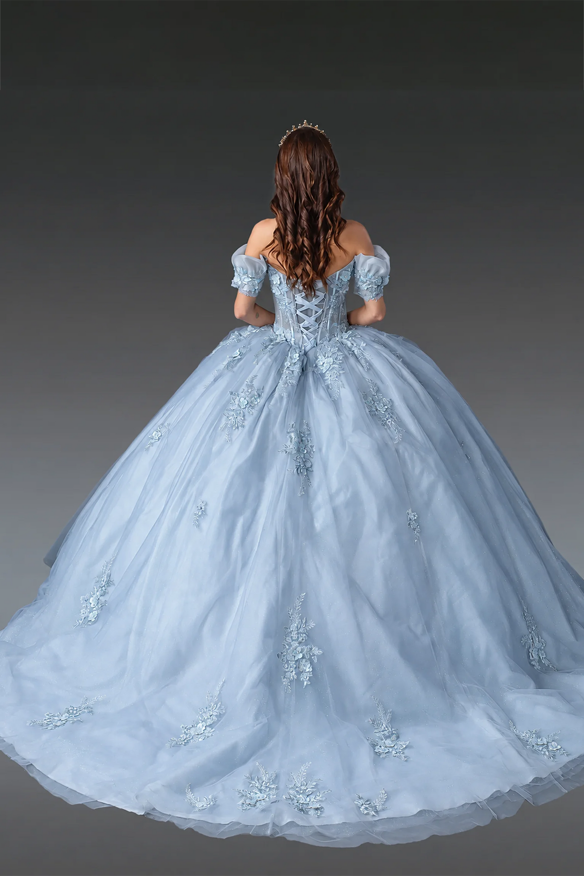 Gray floral applique quinceanera dress with lace-up back and long train, full back view
