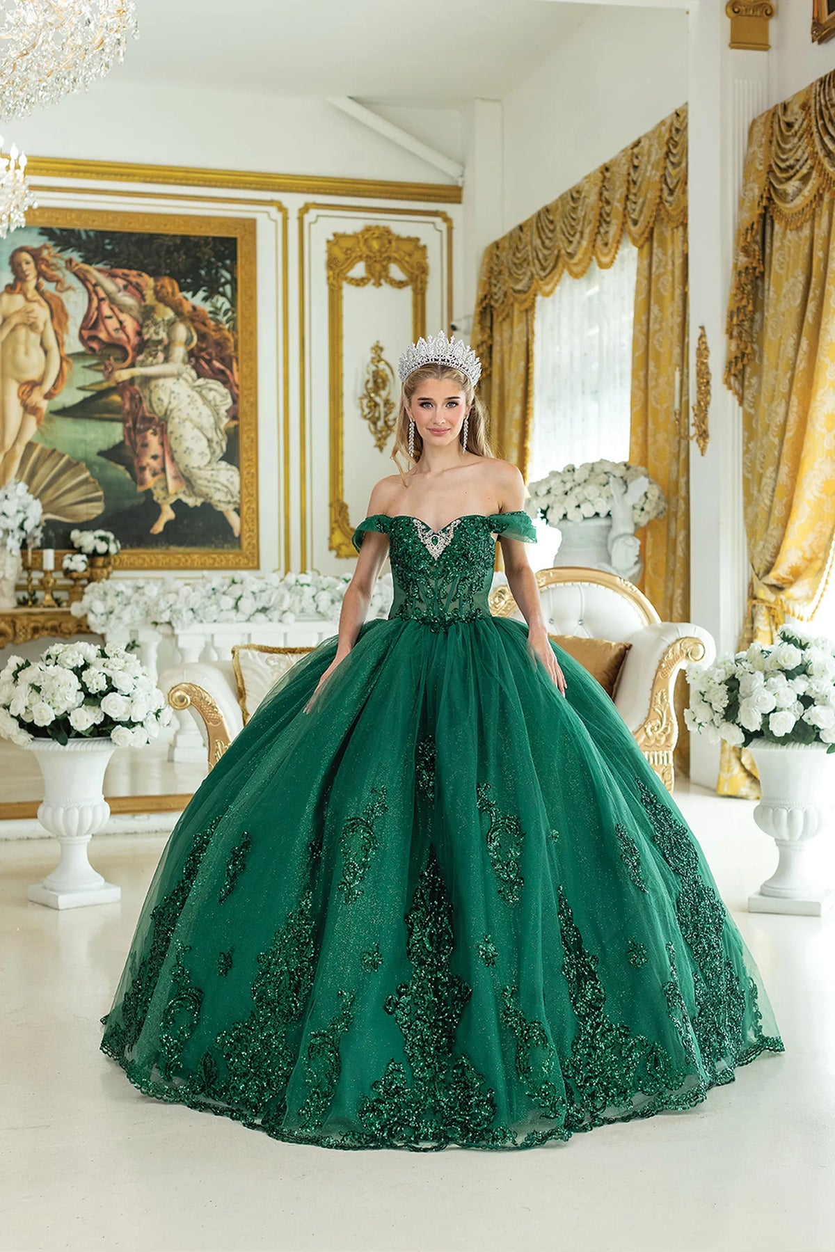 Front view of a Hunter Green quinceañera gown with off-the-shoulder neckline, beaded bodice, and full tulle skirt