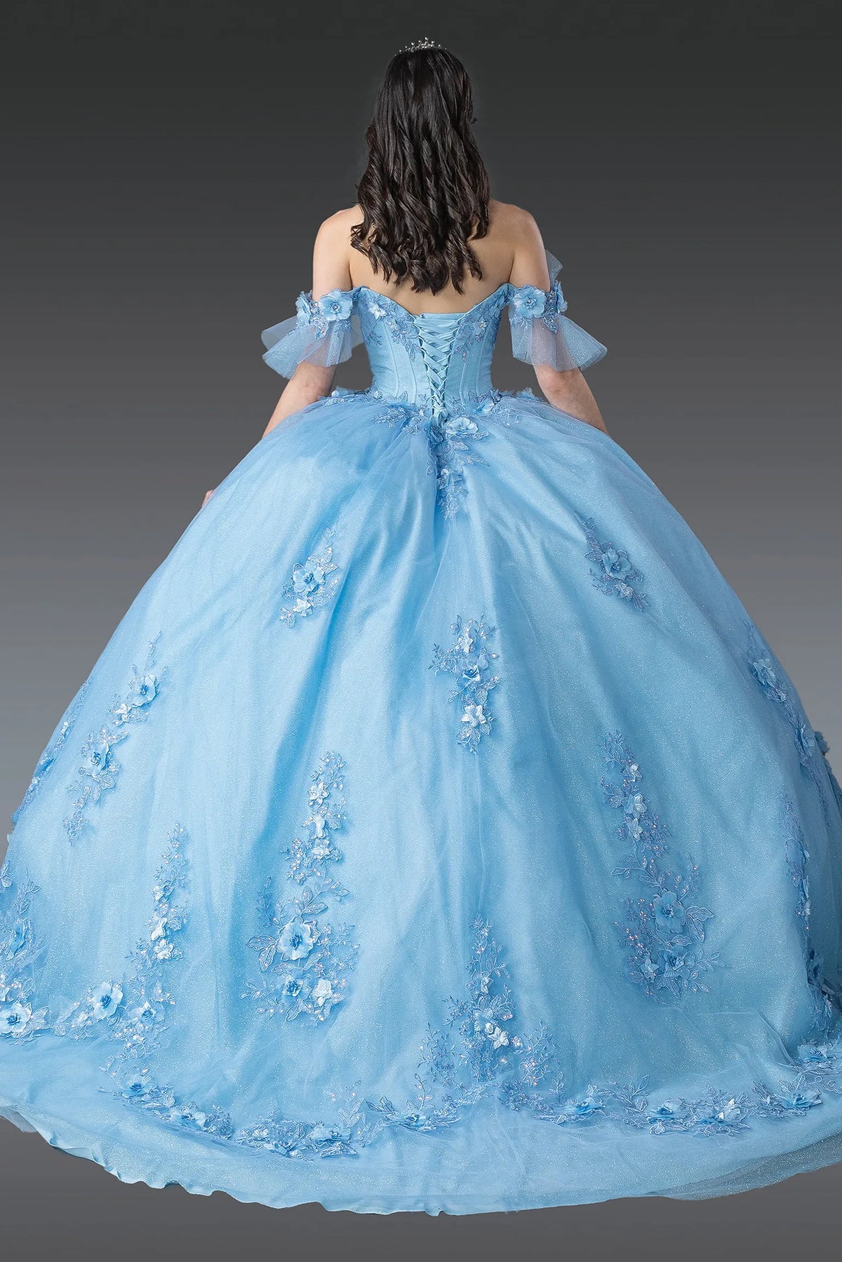Back view of a Bahama Blue quinceañera gown showing lace-up back, puff sleeves, and embroidered lace