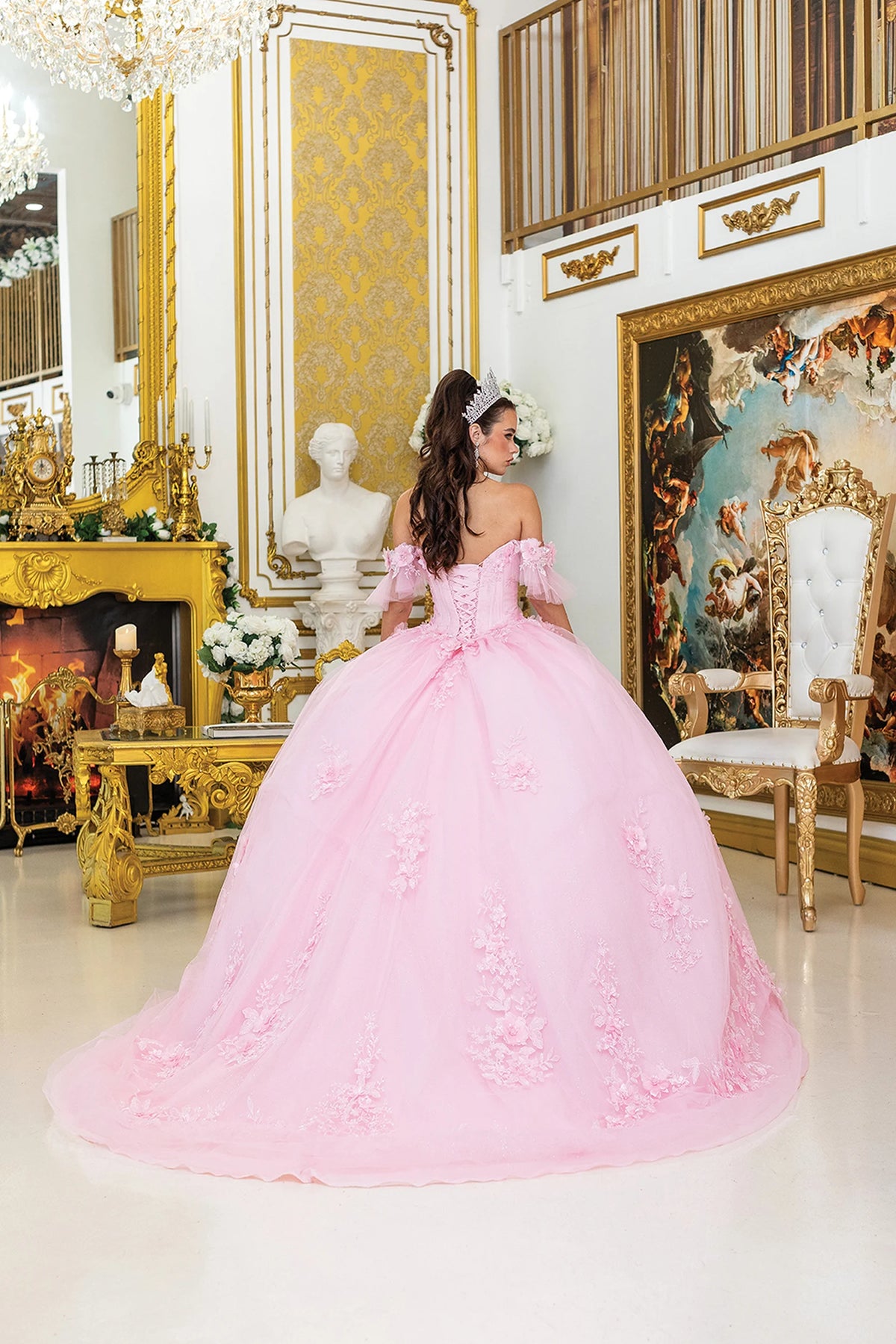 Back view of a Pink quinceañera gown showing lace-up back, puff sleeves, and embroidered lace