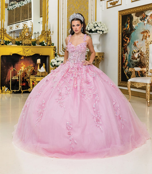 Quinceañera | Pink Elegant V-Neck Ball Gown with Embroidered Floral Details and Sheer Overlay | Amaris dress