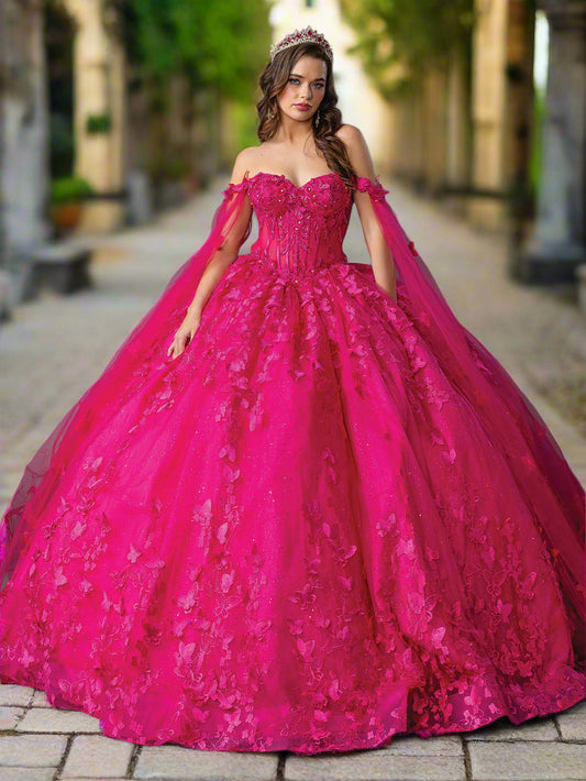 Quinceañera | Fuchsia Off-the-Shoulder Butterfly Ball Gown with Cape | Zulimar dress front