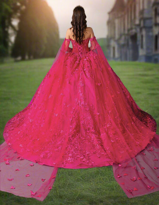 Quinceañera | Fuchsia Off-the-Shoulder Butterfly Ball Gown with Cape | Zulimar dress back view