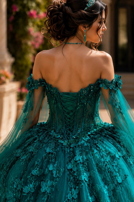 hunter green quinceanera dress with lace-up corset back and butterfly applique sheer cape