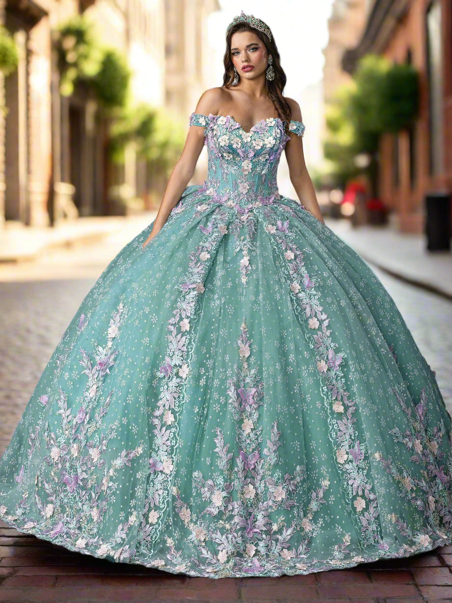 Quinceañera | Sage Multicolor Ball Gown with Floral Accents | Anel dress