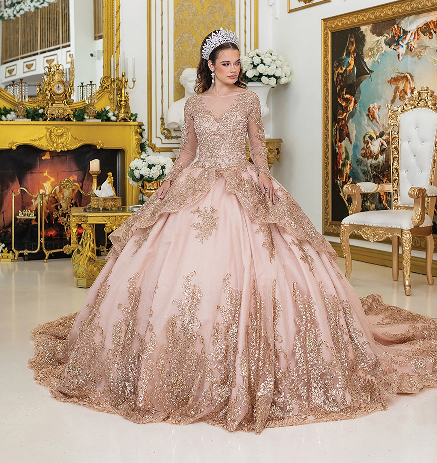 Quinceañera | Rose Gold Rhinestone Sheer Long Sleeve Quinceañera Dress with Long Tail | Rivera dress side