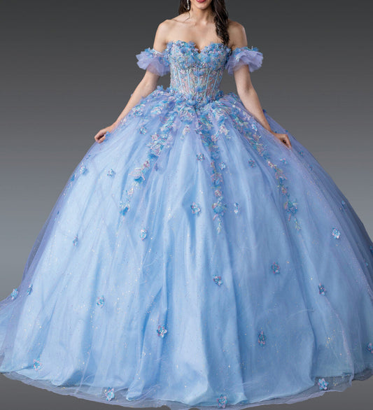 Quinceañera | Blue Lilac Ball Gown with Off-the-Shoulder Sleeves and Beaded Bodice | Anelis dress front