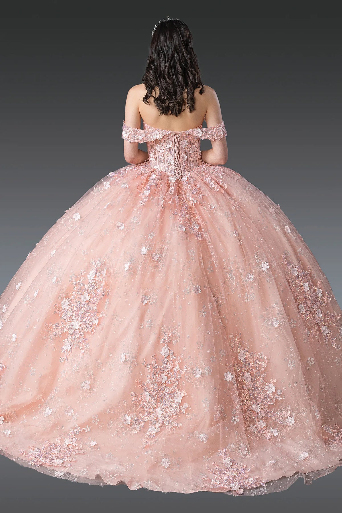 Back view of a Blush quinceañera gown showing lace-up back, glitter tulle skirt, and 3D floral appliqués
