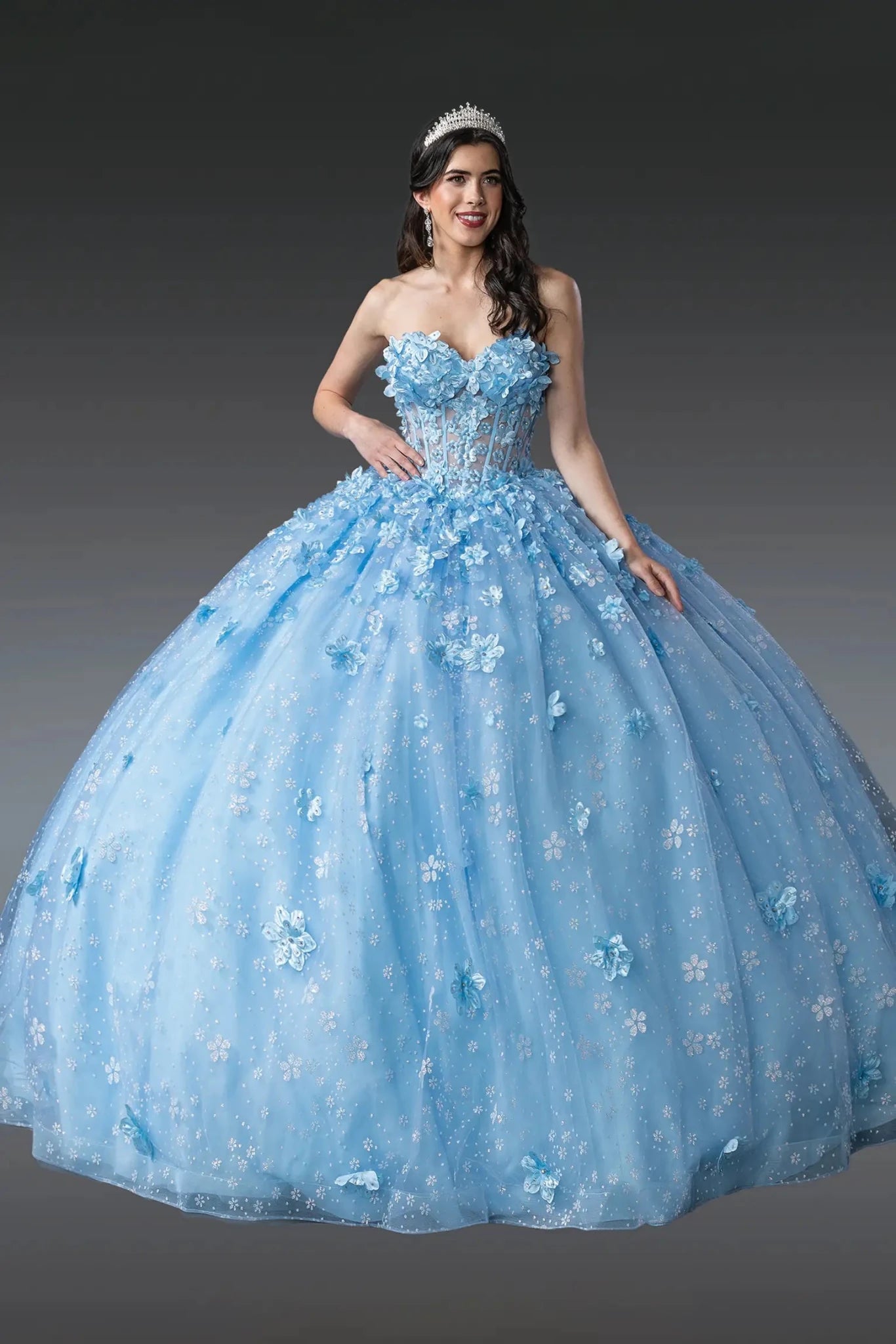 Light Blue Quinceañera Dress Strapless Floral Detail and Beaded Corset M / Light Blue