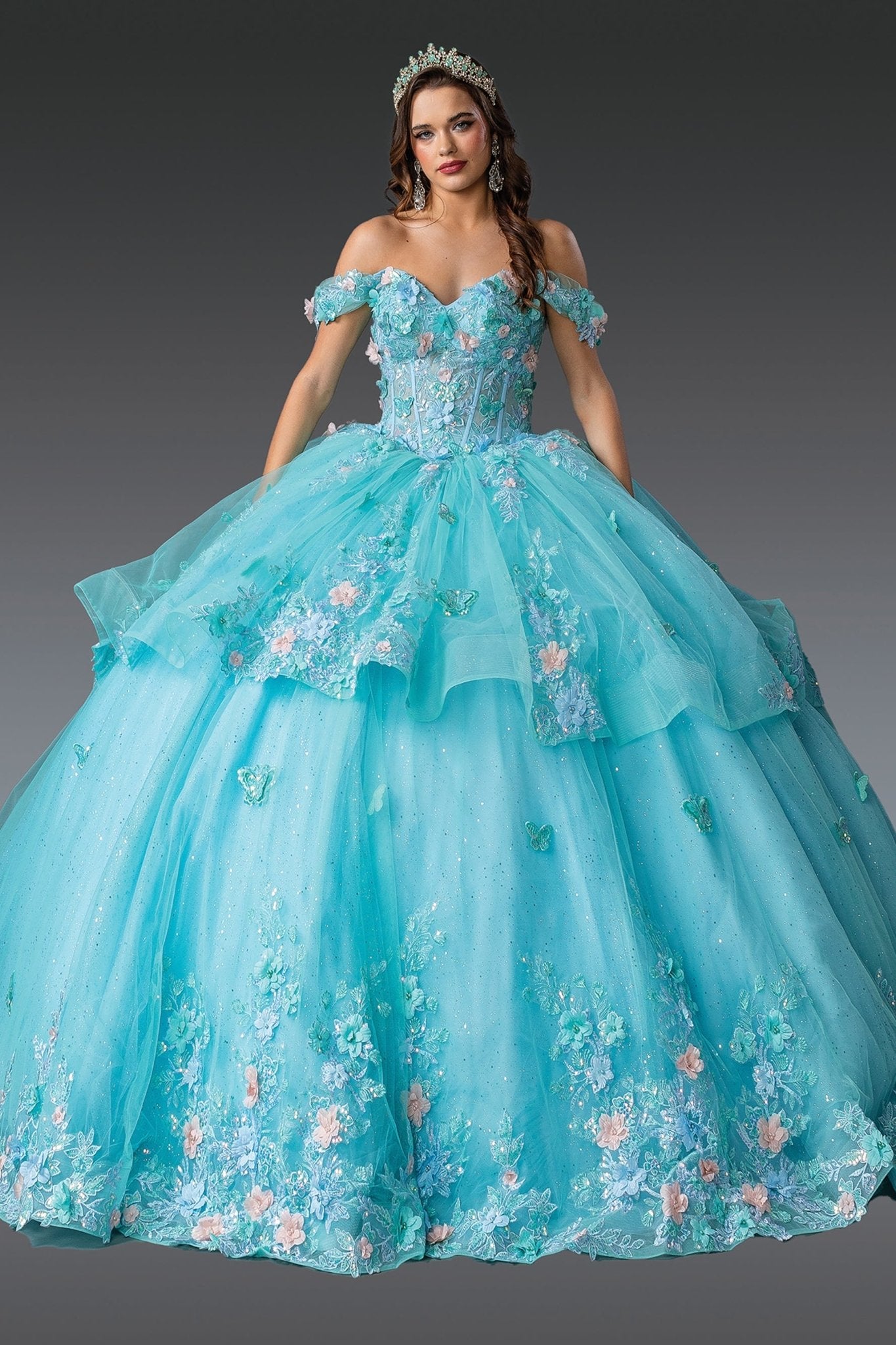 blue dress for sweet 15 Quinceañera Off-Shoulder Tulle Skirt Floral Appliques 3XL / Blue silhouette_Pencil Crafted from premium tulle Short Sleeve Lace Trim Size:S - M