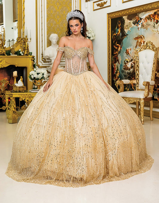 Quinceañera | Gold Sparkling Off-Shoulder Sequined Quince Ball Gown | Angélica dress | 6 Colors Available