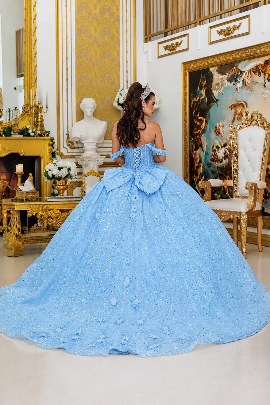 blue quinceañera dress with back bow, long train and glitter tulle skirt