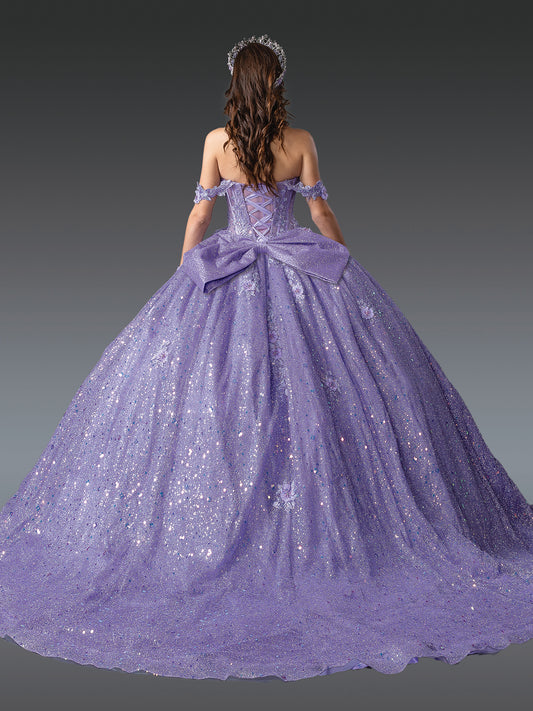 Quinceanera | Lilac Off-Shoulder Glitter Ruched Bodice and Floral Appliqués Sweet 15 Ball Gown | Mercedes dress back