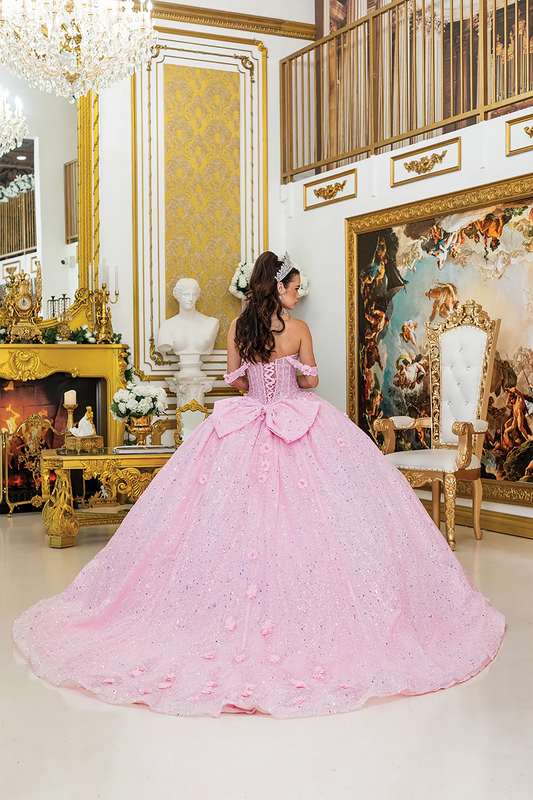 Back view of a woman wearing pink quinceañera dress featuring off-shoulder straps and layered glitter tulle skirt