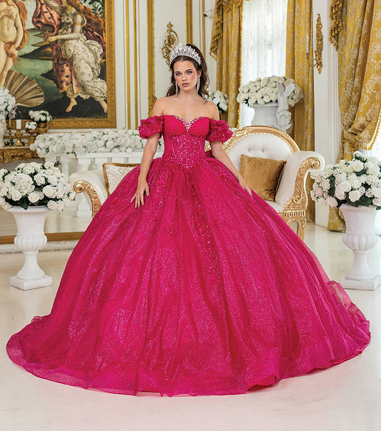 Quinceañera | Fuchsia Off-the-Shoulder Butterfly Ball Gown with Cape | Zurina dress front