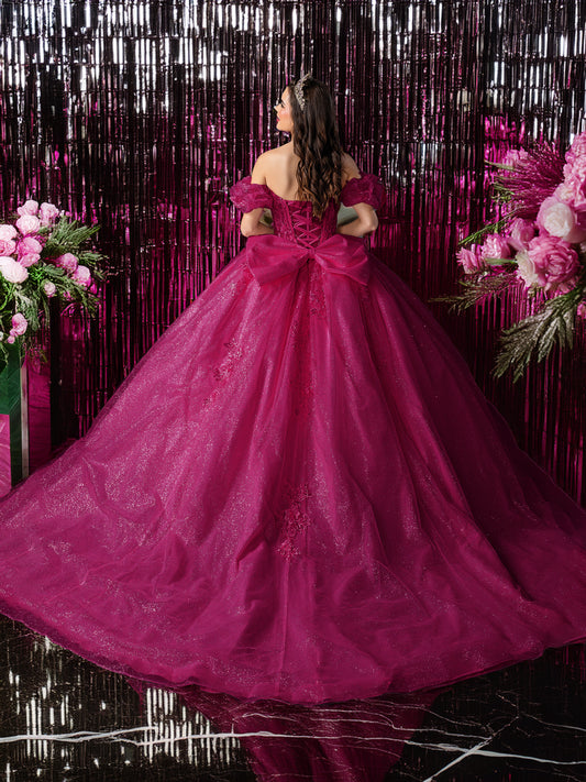 Quinceañera | Fuchsia Off-Shoulder Quince Ball Gown with Embroidered Bodice | Zurina dress back view