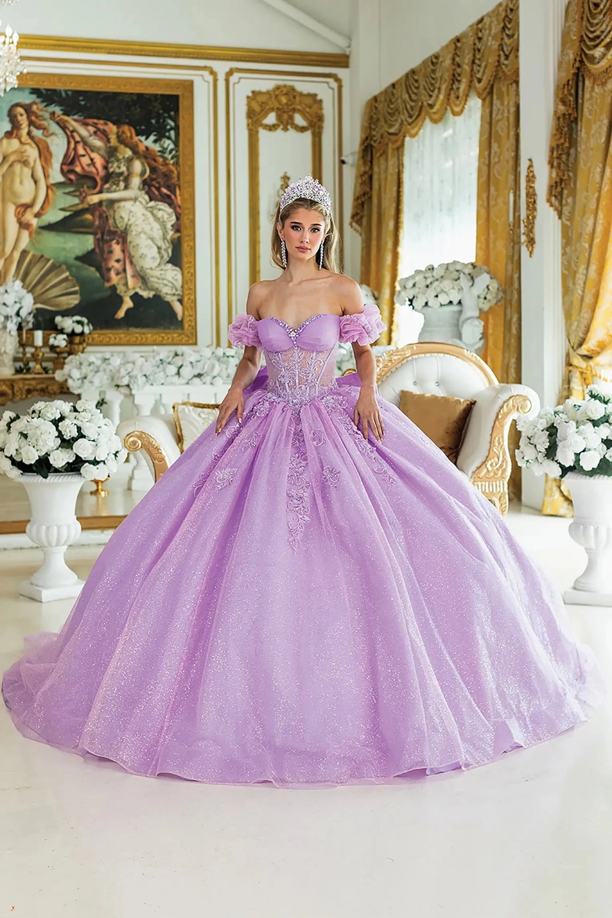 Bodice close-up highlights lilac quinceañera ball gown with off-shoulder sleeves, embroidered bodice, intricate floral appliqués.
