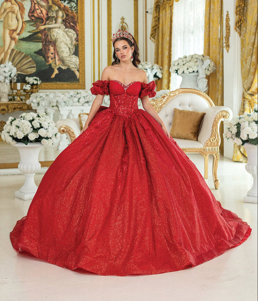 Quinceañera | Red Off-the-Shoulder Butterfly Ball Gown with Cape | Zurina dress front view