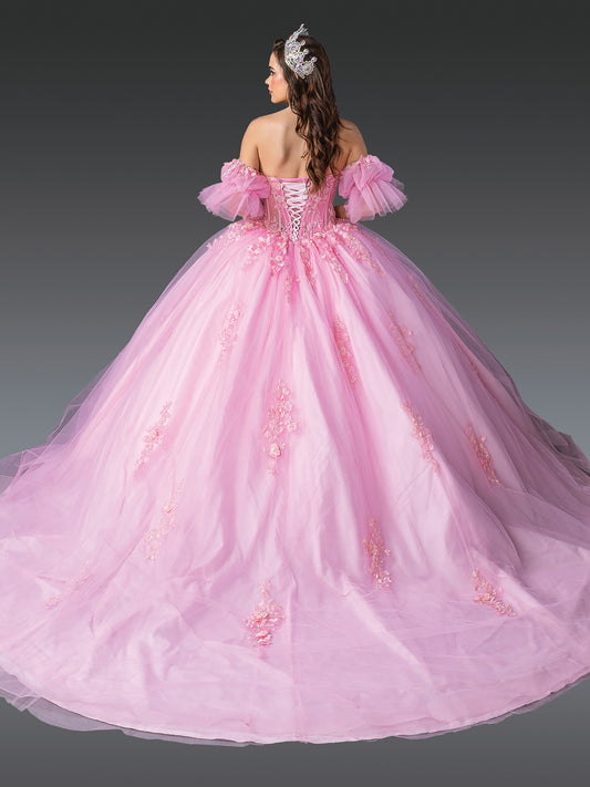 Quinceanera | Pink Floral Appliqués with Puff Sleeves Sweet 15 Ball Gown Quinceañera Dress | Mariana dress back view