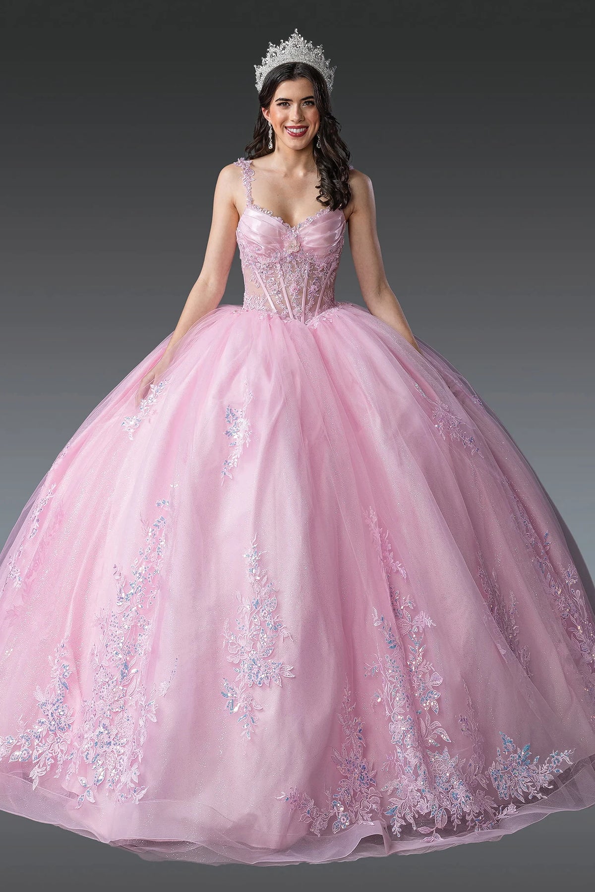 Additional full-length view of a Pink quinceañera gown highlighting lace appliqués