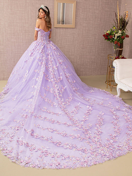 Lilac 3D Flower Applique Jewel Mesh Quince Gown w/ Long Tail back view