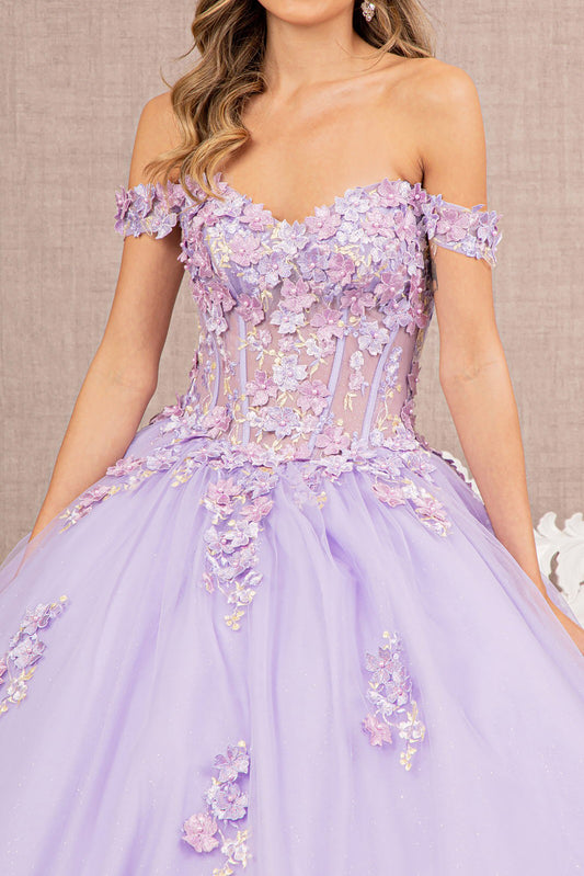 Lilac 3D Flower Applique Jewel Mesh Quince Gown w/ Long Tail front zoom