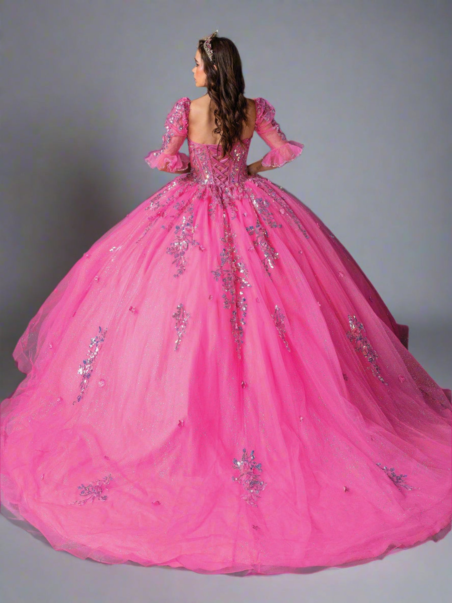Quinceañera | Rose Pink Strapless Quince Ball Gown with Ruffles | Arcadia dress back view