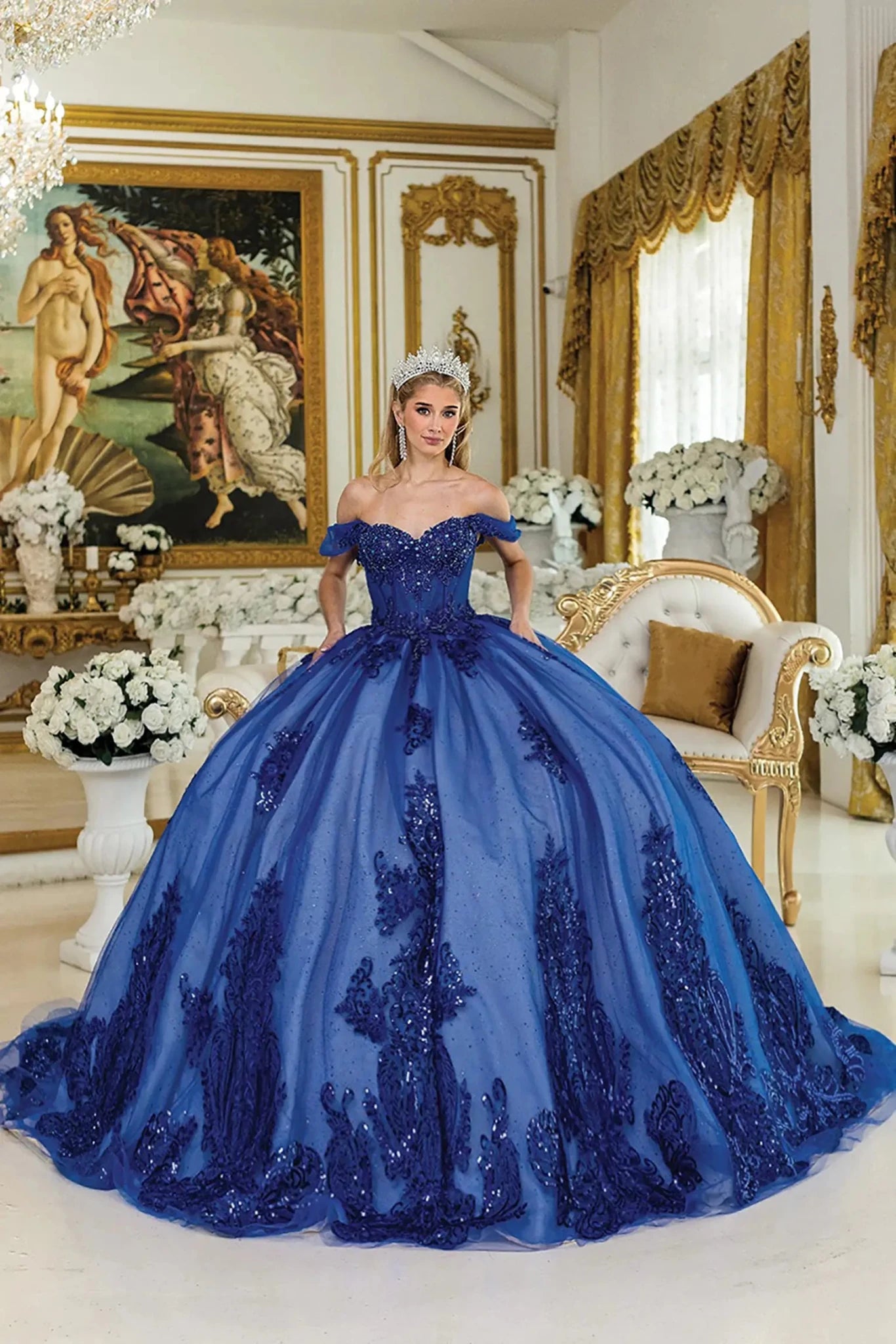 elegant quince dresses Navy Quinceañera Dress Off-Shoulder Beaded Long Train Dress Matching Tiara 2XL / Navy Size:JR XS Lando Black Dresser a basque waist that March 2025