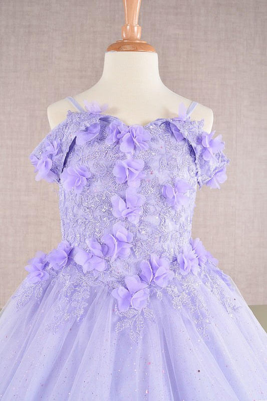 Lilac 3D Floral Applique Embellished Glitter Embroidery Mesh Mini Quinceanera 3 Años Kid Dress front zoom