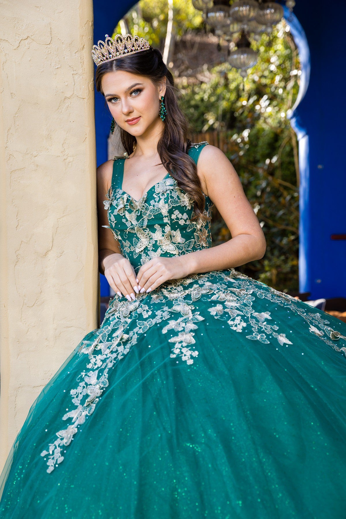 Quinceanera | Hunter Green Metallic Embroidered 3D Butterfly on Glitter Tulle Sweet 15 Ball Gown | Natalia dress | 3 Colors side