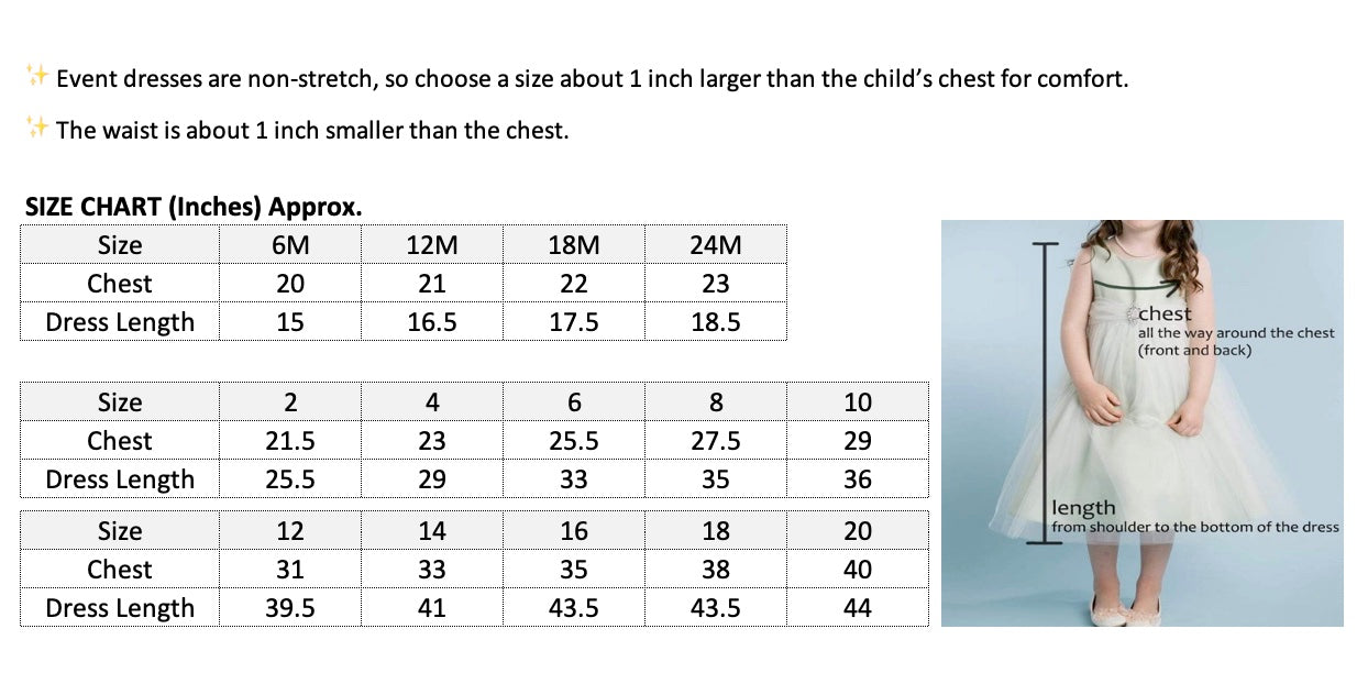 Size chart for children's dresses with a visual of a child wearing a dress.