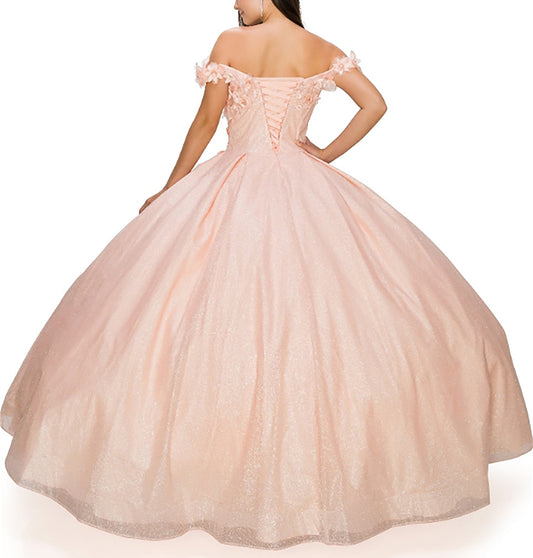 Blush Quinceanera | 6 Colors | 3D floral off-shoulder ball gown with glitter skirt, bottom pleated, corset back tie - back view of woman wearing dress placing on hand on her hip