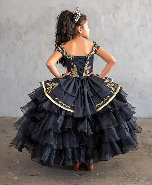 Mini Quince | Black Off-Shoulder Ruffle 3-Anos Charra Dress | Vela dress | 3 Colors Available back view