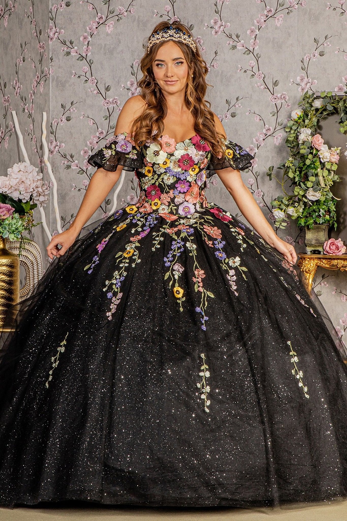 Bold Black 3D Multi-Color Flower Applique Bodice Quince Ball gown L / Black Bold Black 3D Multi-Color Flower Applique Bodice Quince Ball gown L / Black