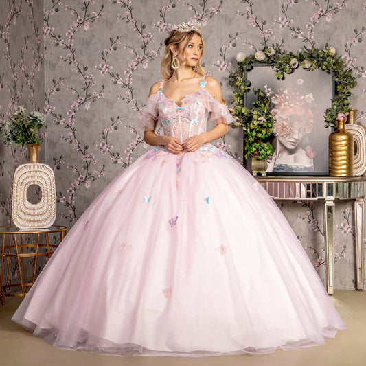 Pink Quince Dress with 3D Butterfly Jewels, Glitter Accents, and Ruffled Sweetheart Mesh – Full Front View