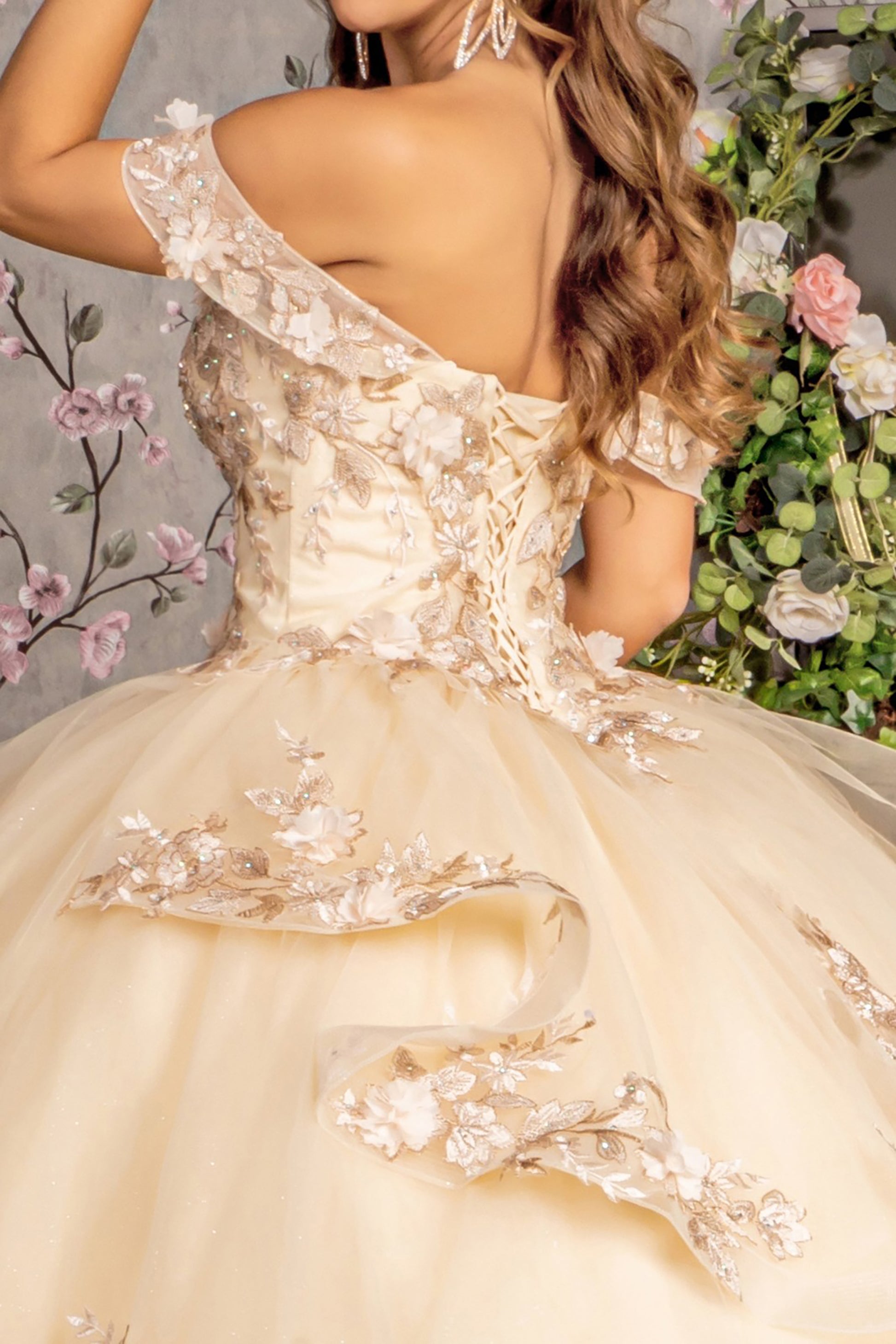 Champagne Jewel Sequin Sweetheart Off Shoulder Mesh Ball Gown Quince Dress zoom in side view