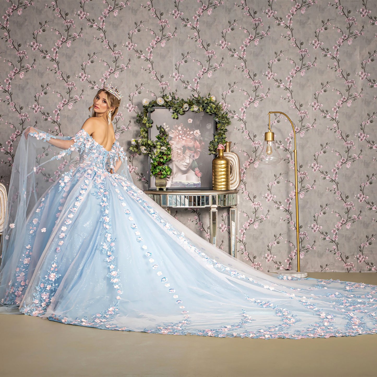 Sky Blue 3D Flower Sheer Bodice Mesh Long Train Quince Dress Ball Gown with Side Mesh Long Drapes side view
