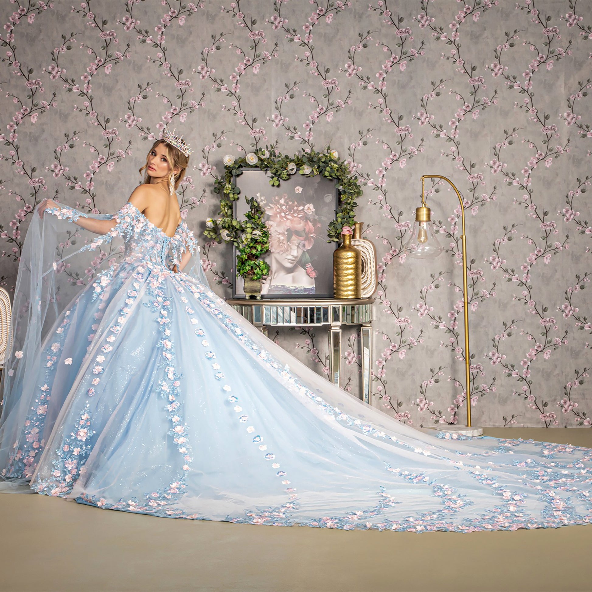 Sky Blue 3D Flower Sheer Bodice Mesh Long Train Quince Dress Ball Gown with Side Mesh Long Drapes side view