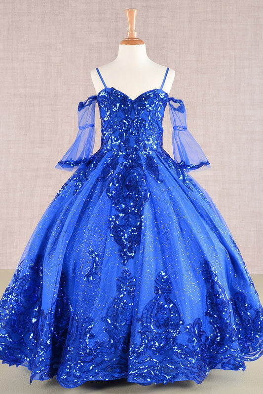 RoyalBlue Glitter Sequin Embellished Mesh 3 Años Kid Dress with Separate Mesh 3/4 Sleeves front view