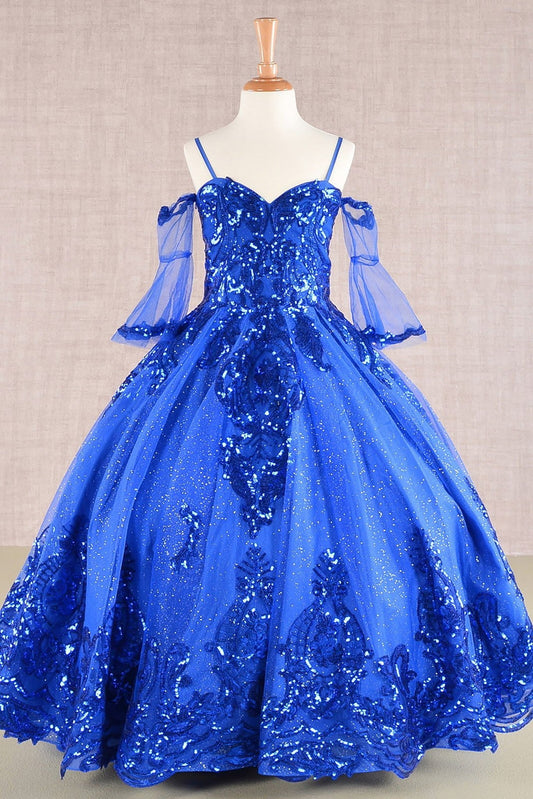RoyalBlue Glitter Sequin Embellished Mesh 3 Años Kid Dress with Separate Mesh 3/4 Sleeves front view