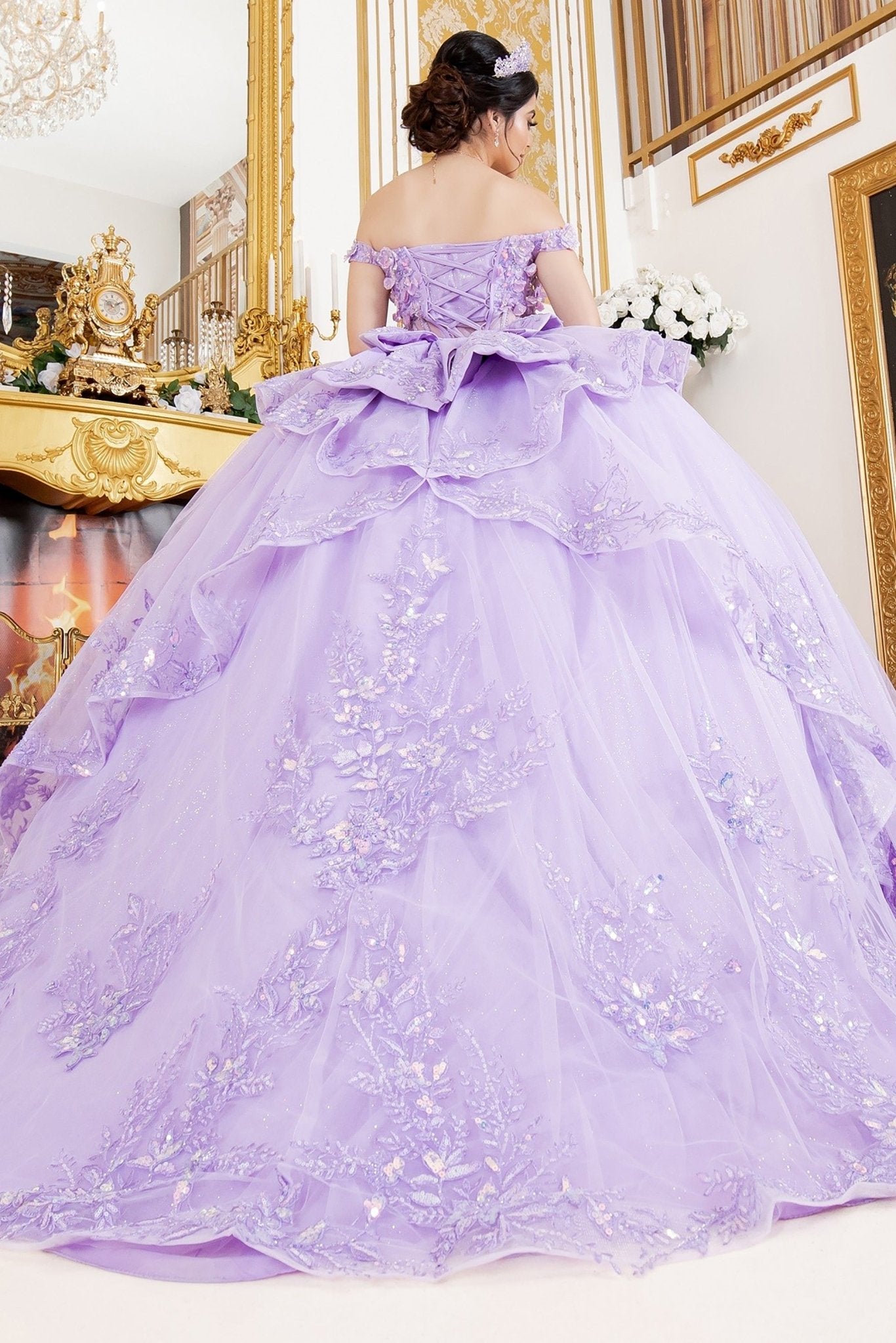 Quinceañera | Lilac Off-Shoulder 3D Floral Appliqués, Beaded Lace with Detachable Ribbon Sweet 15 Ball Gown | Maite J dress | 3 Colors Available back view