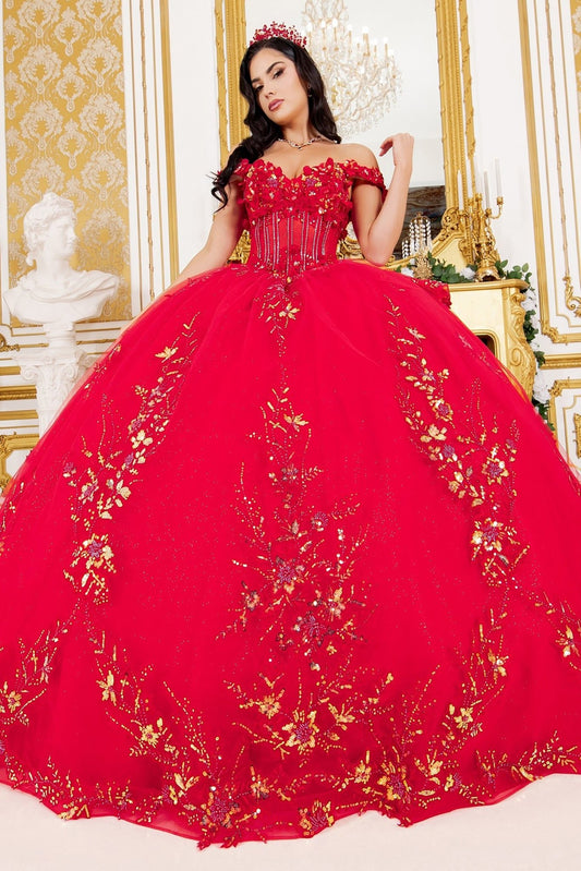 Quinceañera | Red Off-Shoulder 3D Floral Appliqués, Beaded Lace with Detachable Ribbon Sweet 15 Ball Gown | Maite J dress | 3 Colors Available front view