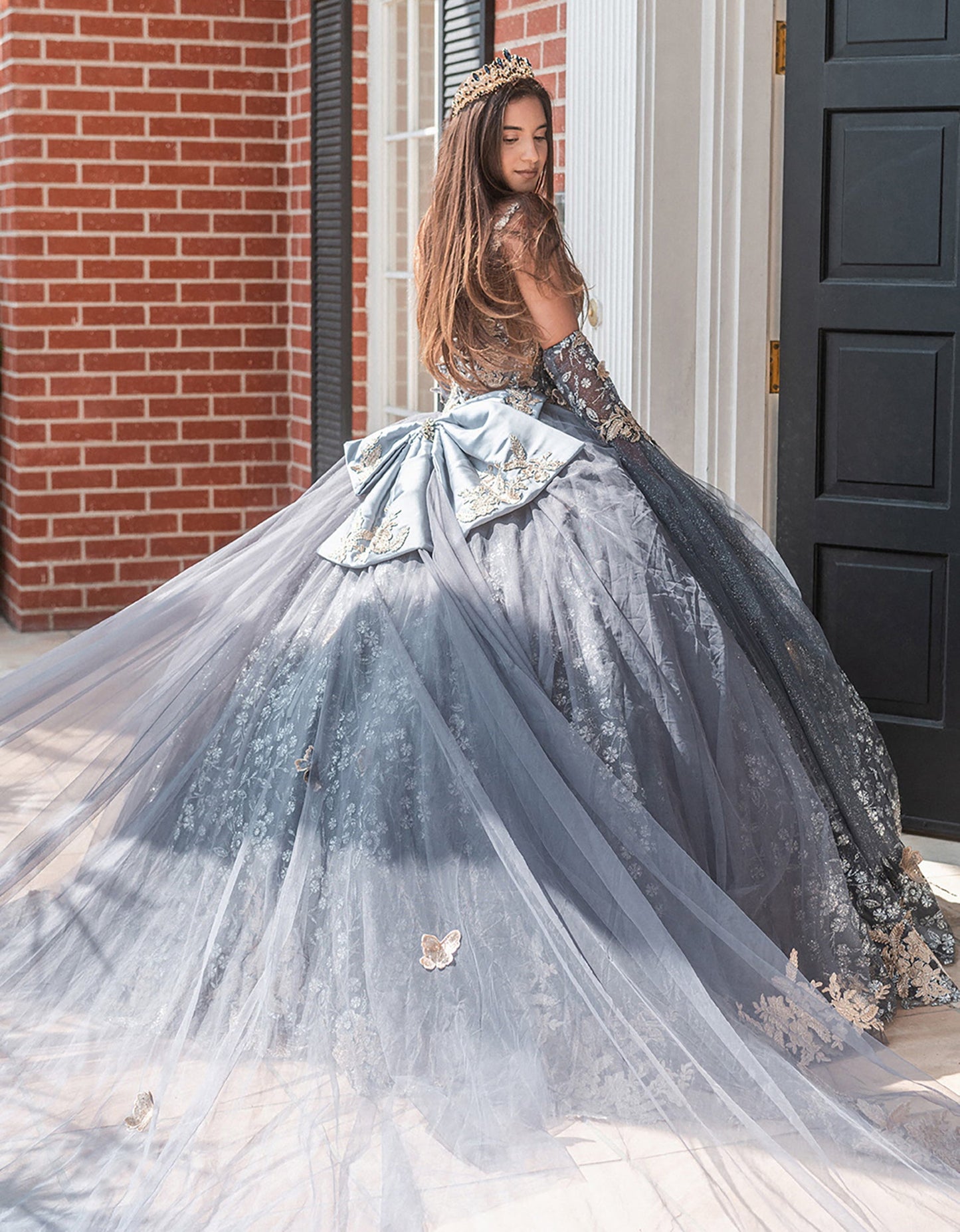 Quinceañera | Gray Black Metallic 3D Butterfly Big Ribbon Mesh Ball Gown with Waist Drape | Rafaela dress girl looking back