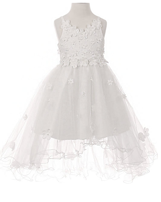 White floral dress on a mannequin against a white background