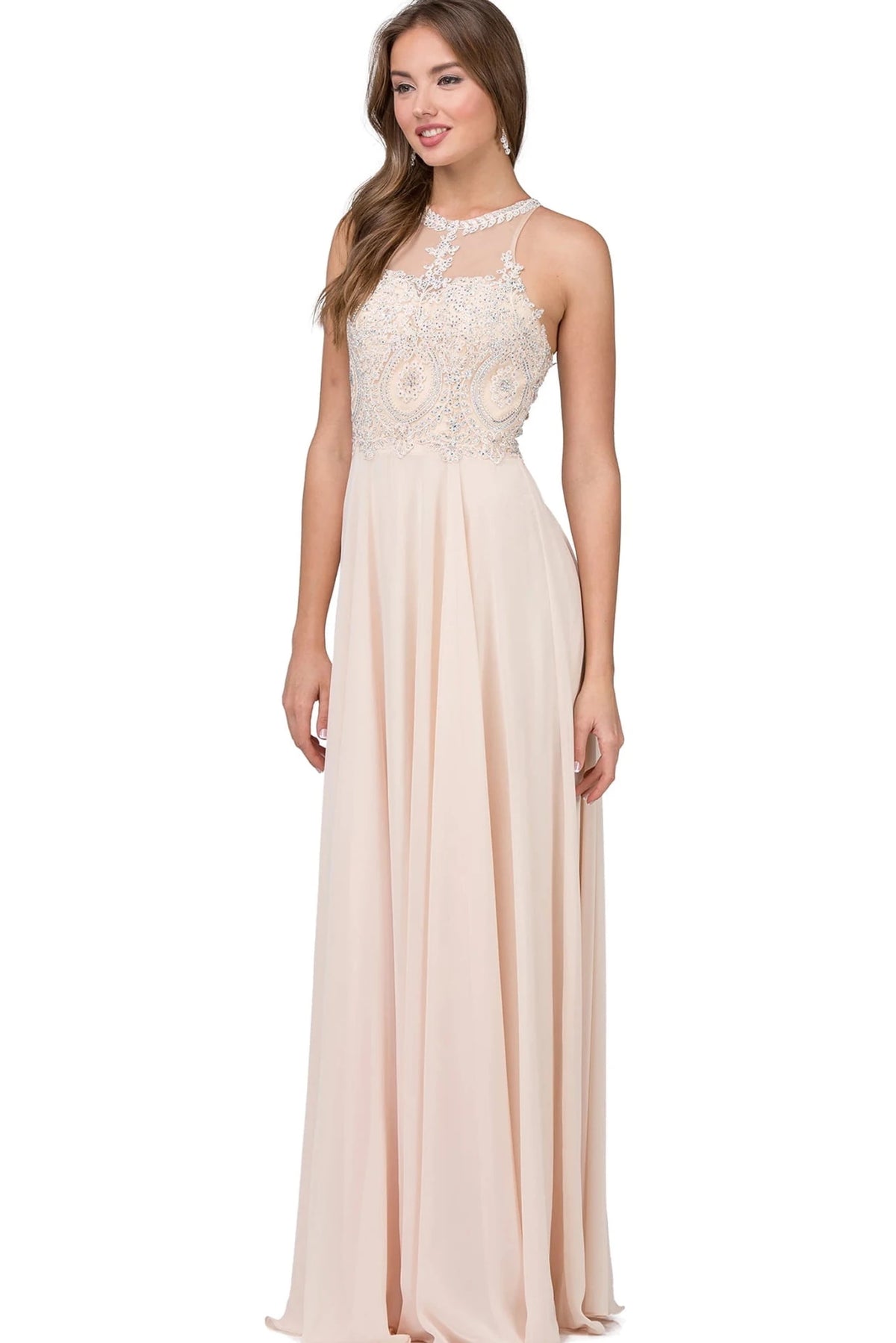 Featuring a floor-length skirt, this Champagne prom dress is shown in full view.