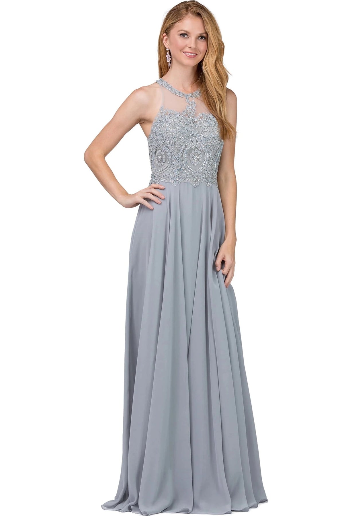 Featuring a floor-length skirt, this Silver prom dress is shown in full view.