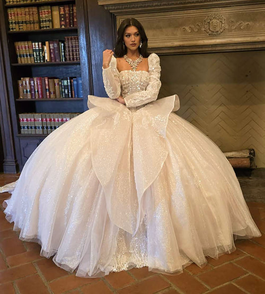 Quinceañera | Ivory Bodice with Beaded Embellishments and Train Sash with Detachable Long Puff Sleeves | Rosa dress front view